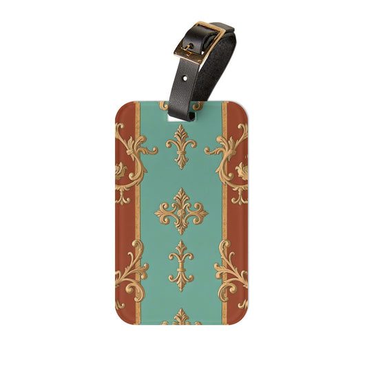 Elegant Vintage Luggage Tag - Travel Accessory with Ornate Design - Rust & Mint Aqua Striped Baroque