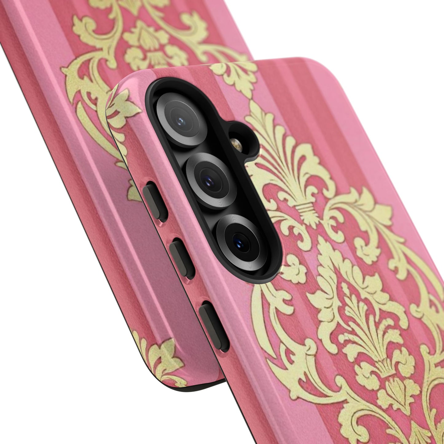Elegant Floral Motif Phone Case - Tough Cases with Vintage Design - Pink Striped Damask