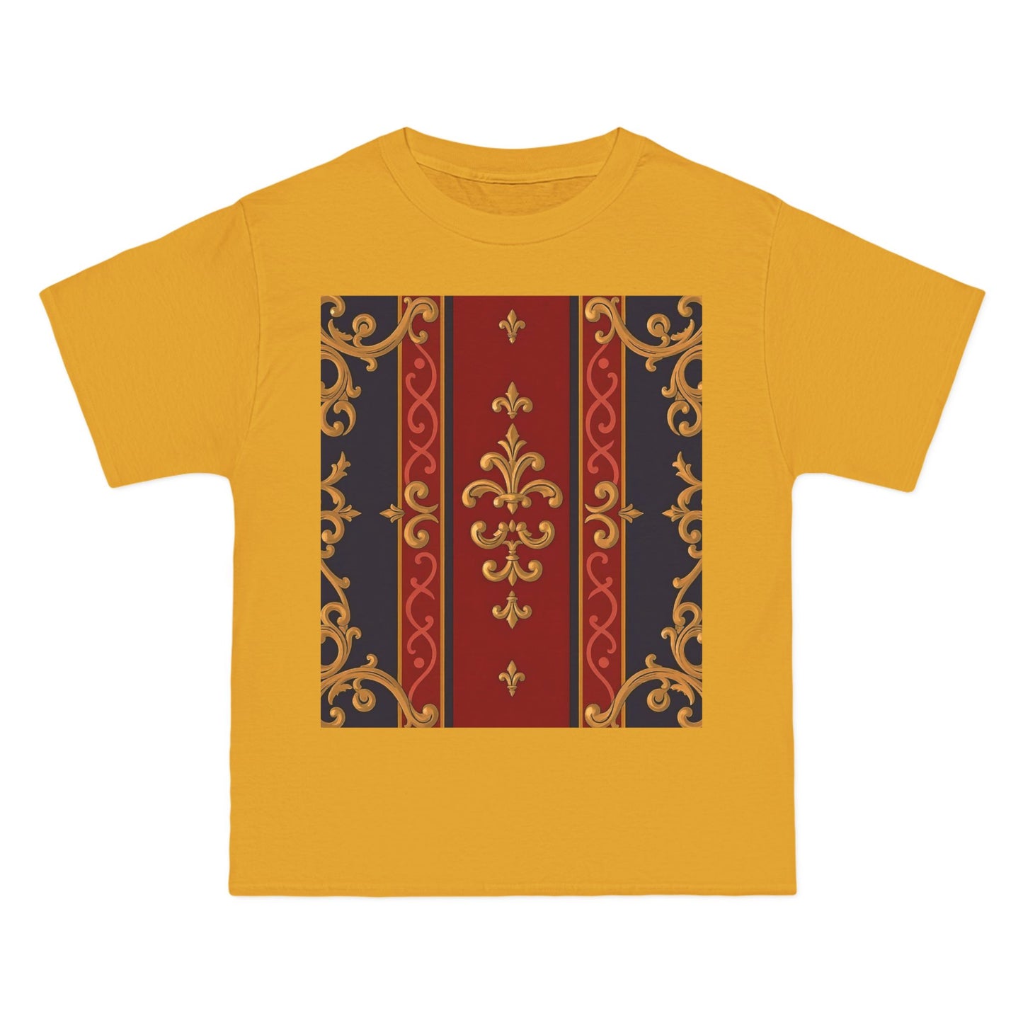 Elegant Patterned Short-Sleeve T-Shirt, Stylish Tee, Vintage Design Top, Casual Wear, Fashionable Gift - Midnight Blue & Dusk Red Gold Baroque