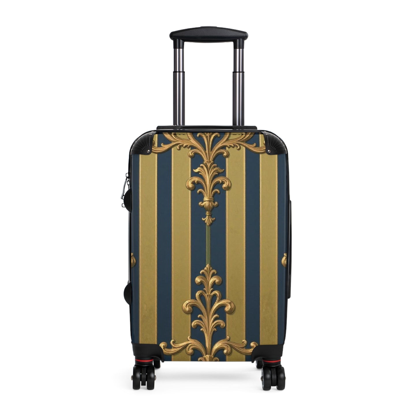 Elegant Midnight Blue & Olive Striped Gold Baroque Travel Suitcase, Chic Luggage for Stylish Travelers, Fashionable Overnight Bag, Luxury Baggage
