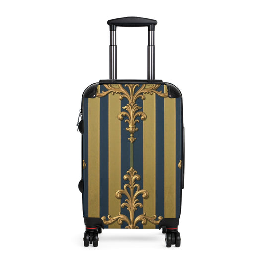 Elegant Midnight Blue & Olive Striped Gold Baroque Travel Suitcase, Chic Luggage for Stylish Travelers, Fashionable Overnight Bag, Luxury Baggage