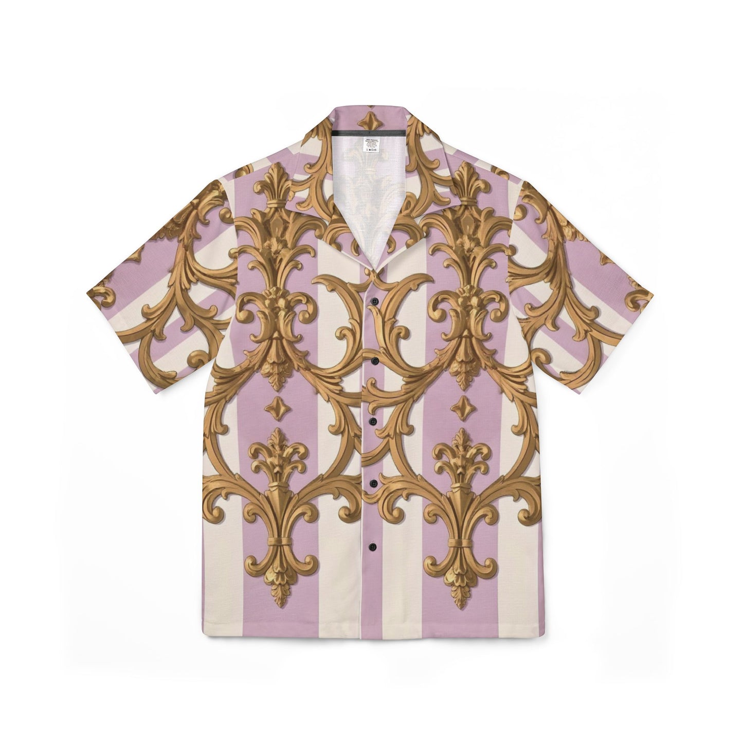 Stylish Men's Hawaiian Camp Shirt, Vacation Wear, Beach Attire, Summer Fashion, Casual Button-Up - Lilac & Alabaster Striped Gold Baroque