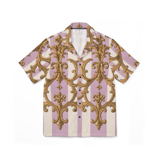Stylish Men's Hawaiian Camp Shirt, Vacation Wear, Beach Attire, Summer Fashion, Casual Button-Up - Lilac & Alabaster Striped Gold Baroque