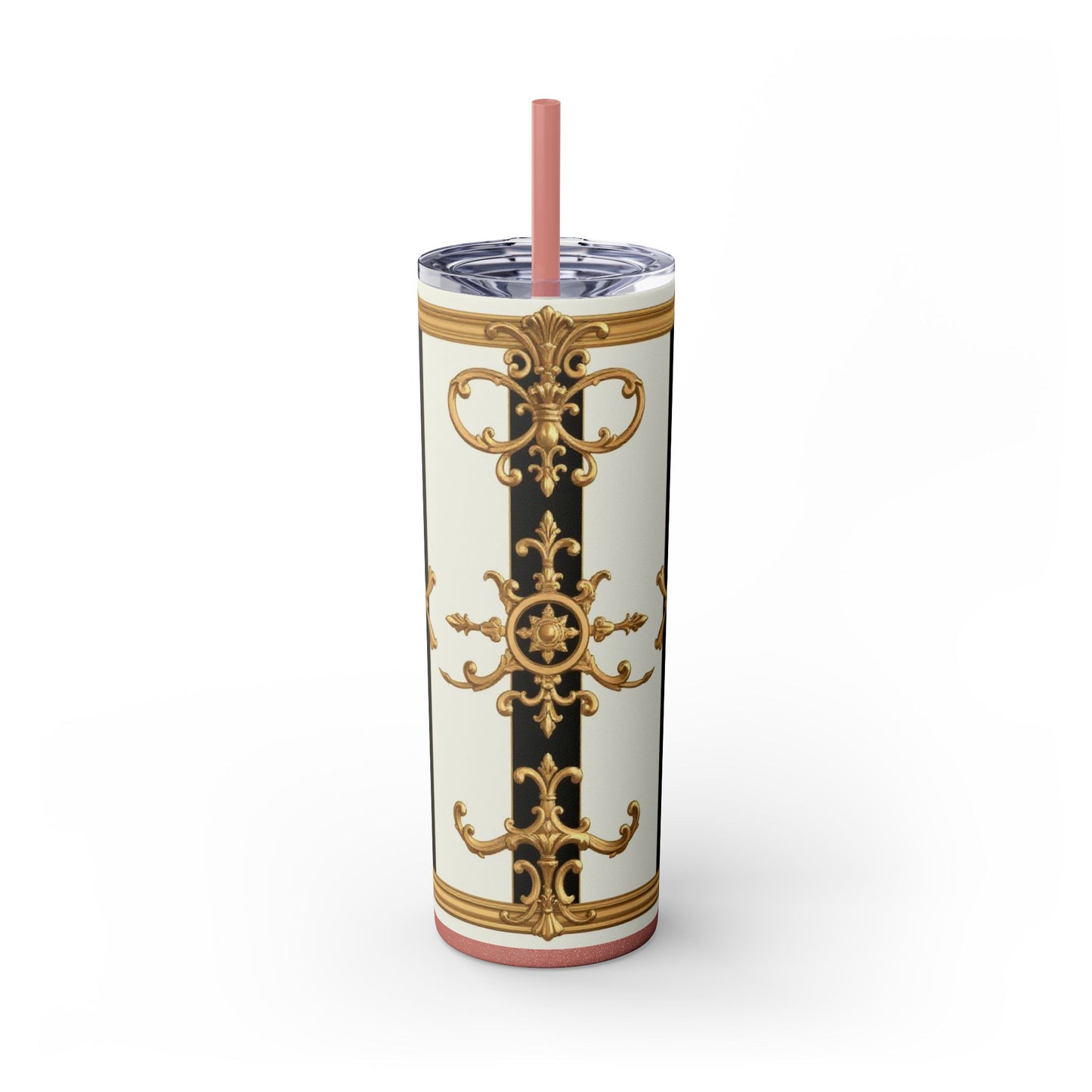 Elegant Gold Accents Skinny Tumbler, 20oz - Stylish Drinkware for Weddings, Parties, Gifts, or Everyday Use - Black & White Striped Gold Baroque