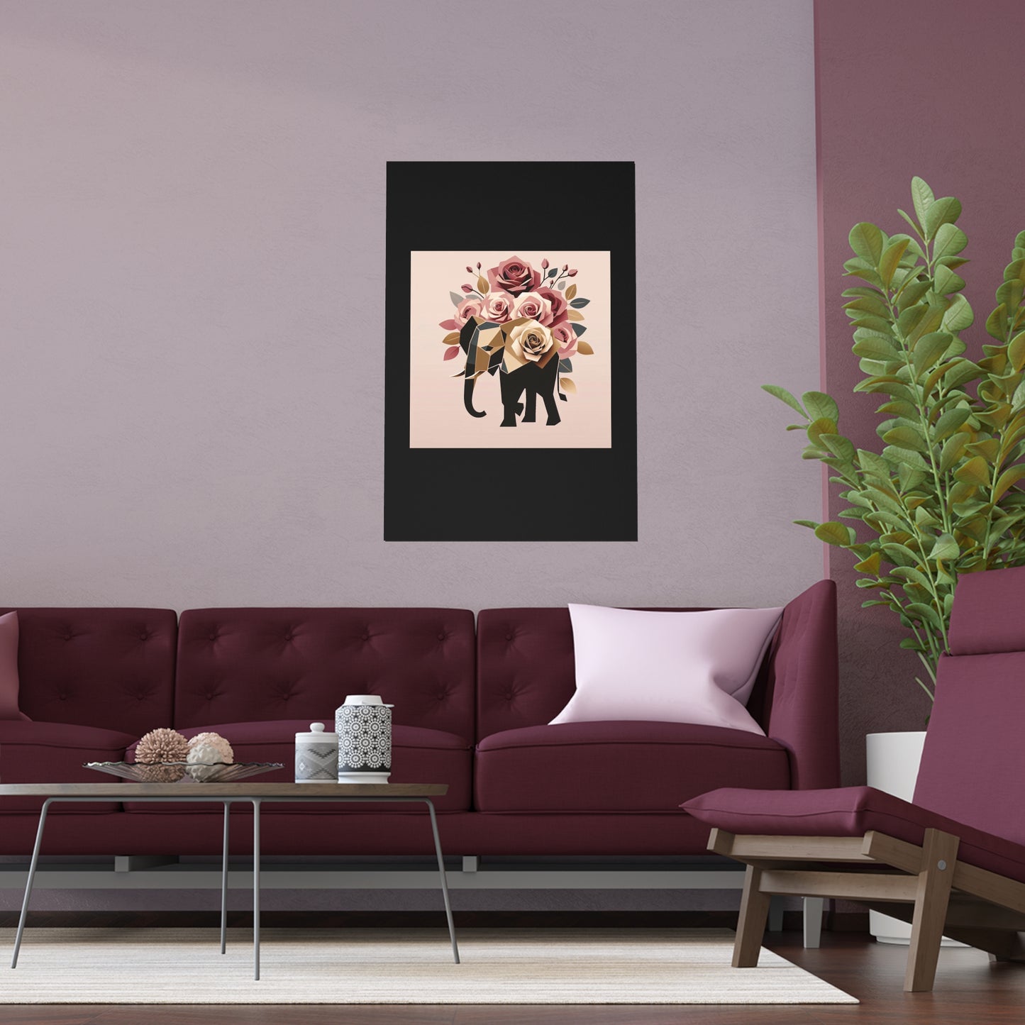Elegant Floral Silk Poster - Indoor/Outdoor Wall Art for Home Decor - Black & Gold Elephant & Roses