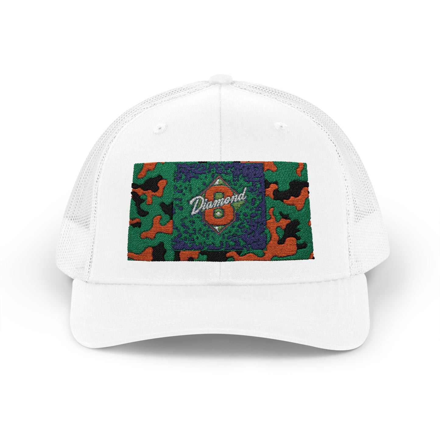 Colorful Camouflage Snapback Trucker Cap, Casual Hat, Outdoor Gear, Unisex Headwear, Gift for Him/Her - Green & Orange Camo Diamond 8