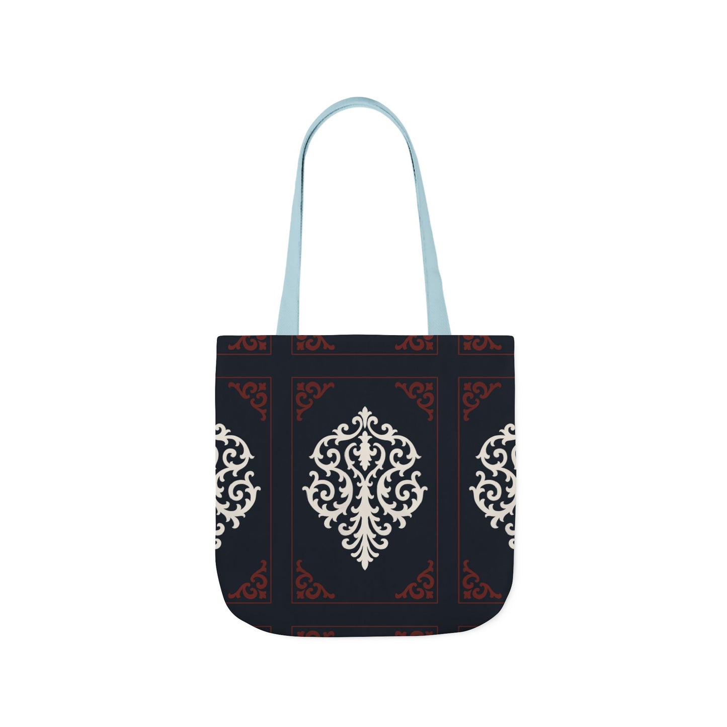 Dusk Blue-Maroon & White Baroque Pattern Canvas Tote Bag — Elegant Dusk Blue & White Reusable Market Bag