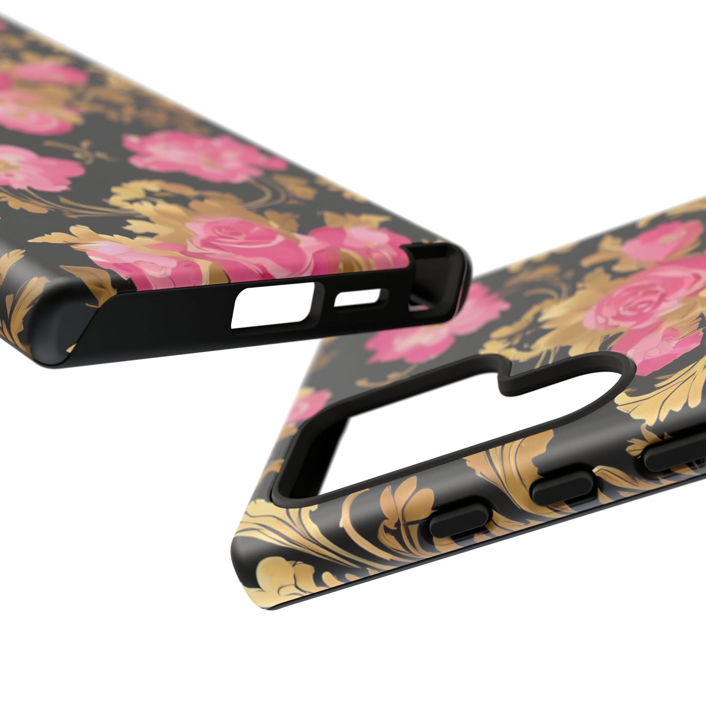 Elegant Floral Motif Phone Case - Tough Cases with Vintage Design - Pink & Gold Roses