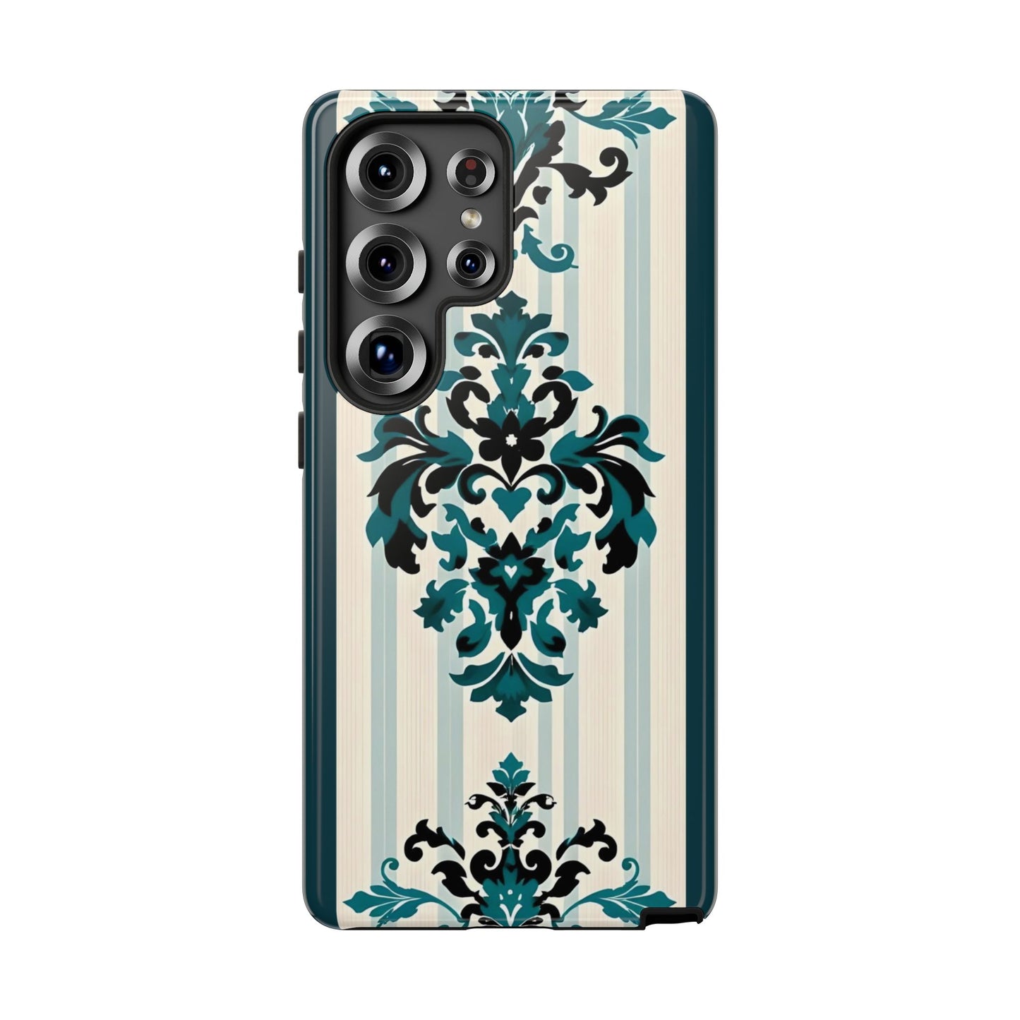 Elegant Floral Phone Case - Tough Cases with Vintage Design - Teal Striped Damask