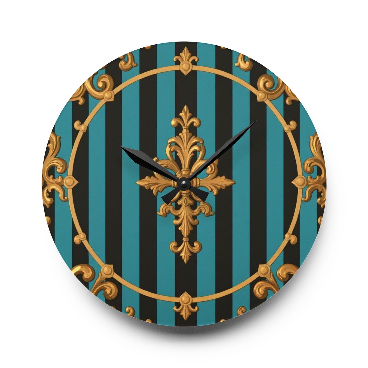 Elegant Turquoise & Black Striped Gold Baroque Acrylic Wall Clock, Gold Accents, Home Decor, Gift for Housewarming, Birthday, Stylish Wall Art