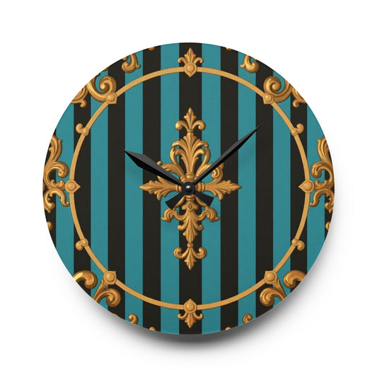 Elegant Turquoise & Black Striped Gold Baroque Acrylic Wall Clock, Gold Accents, Home Decor, Gift for Housewarming, Birthday, Stylish Wall Art