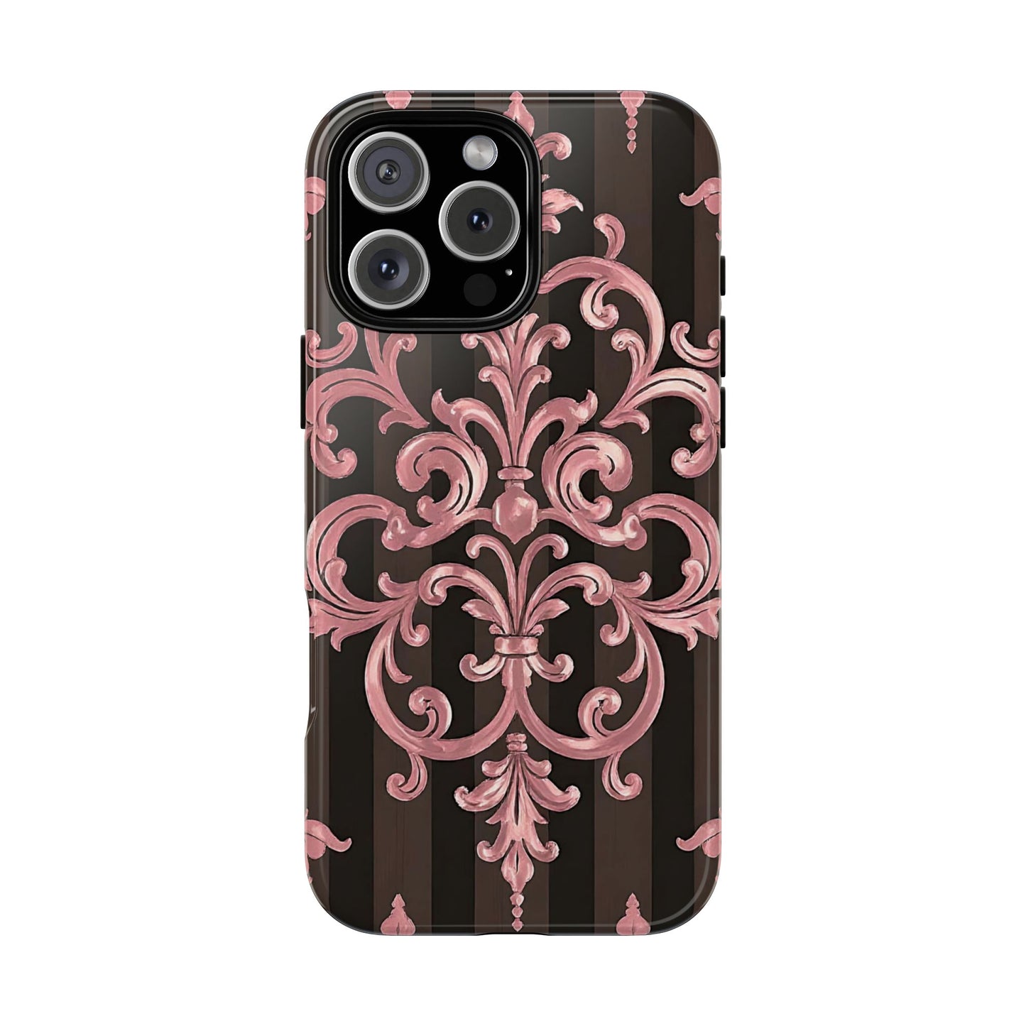 Elegant Floral Motif Phone Case - Tough Cases with Vintage Design - Brown Striped Mauve Damask