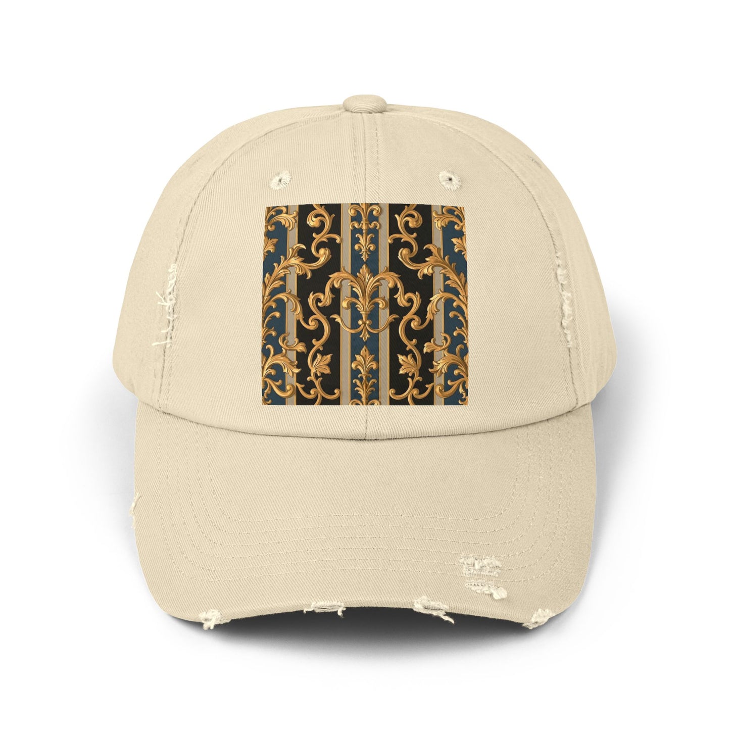 Unisex Distressed Cap with Elegant Gold Pattern, Vintage Style Hat, Casual Fashion Accessory - Blue & Black Striped Rococo