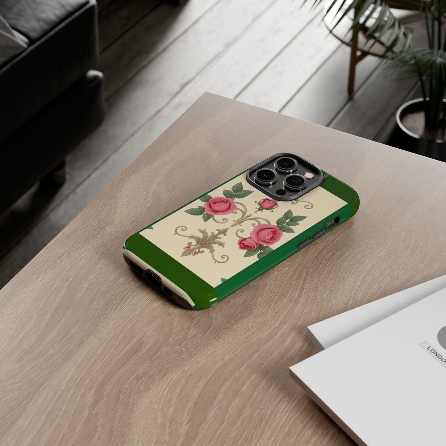 Elegant Floral Motif Phone Case - Tough Cases with Vintage Design - Green Border Roses & Damask