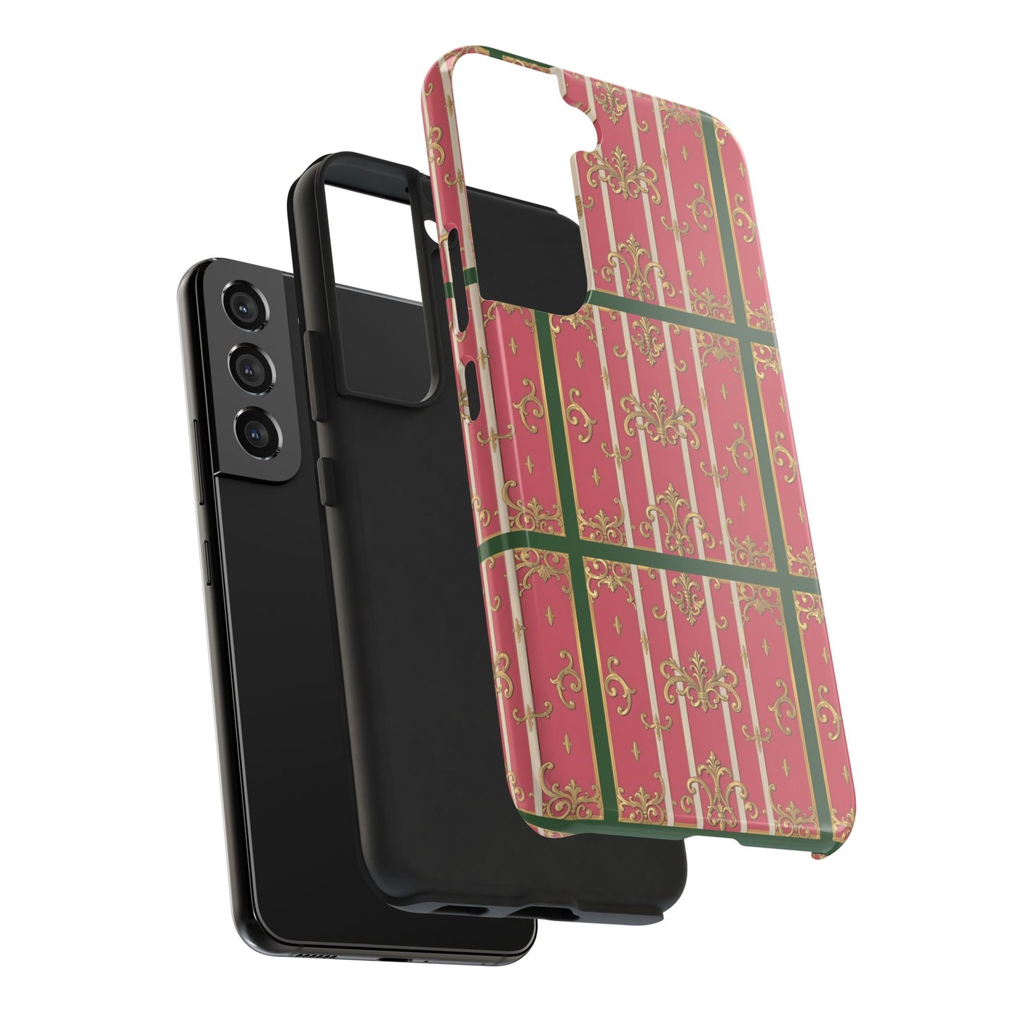 Elegant Green Border Pink Striped Baroque Phone Cases, Tough Phone Cases for Protection, Stylish Mobile Accessories, Gift for Her, Holiday Tech Gifts