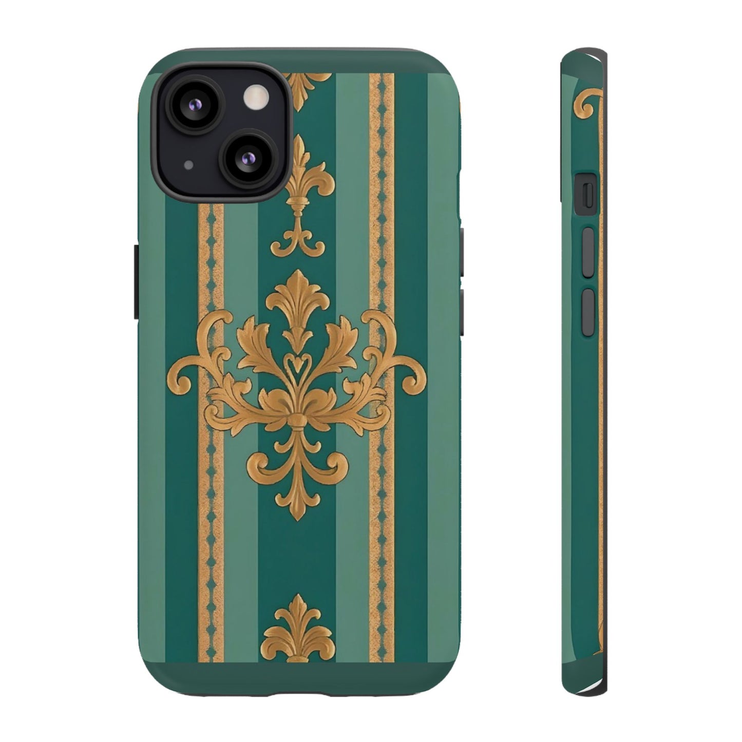 Elegant Floral Motif Phone Case - Tough Cases with Vintage Design - Teal Striped Gold Damask