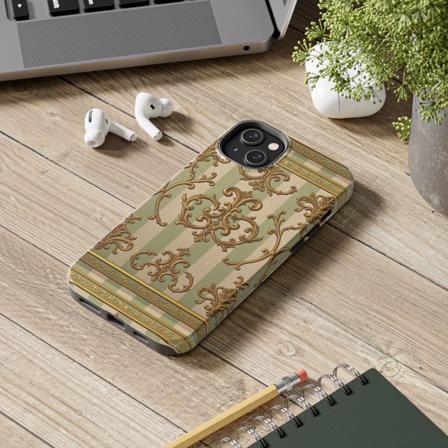Vintage Elegance Phone Case, Tough Phone Cases for Style, Gift for Birthdays, Stylish Protection - Mint Green & Beige Striped Gold Baroque