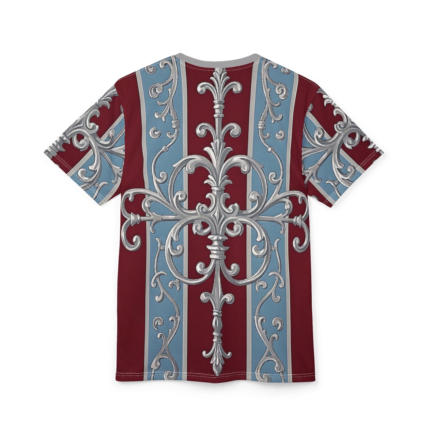 Regal Pattern Unisex Cut & Sew Tee - Elegant Floral Design Shirt for Fashion Lovers - Ice Blue & Burgundy Striped Baroque
