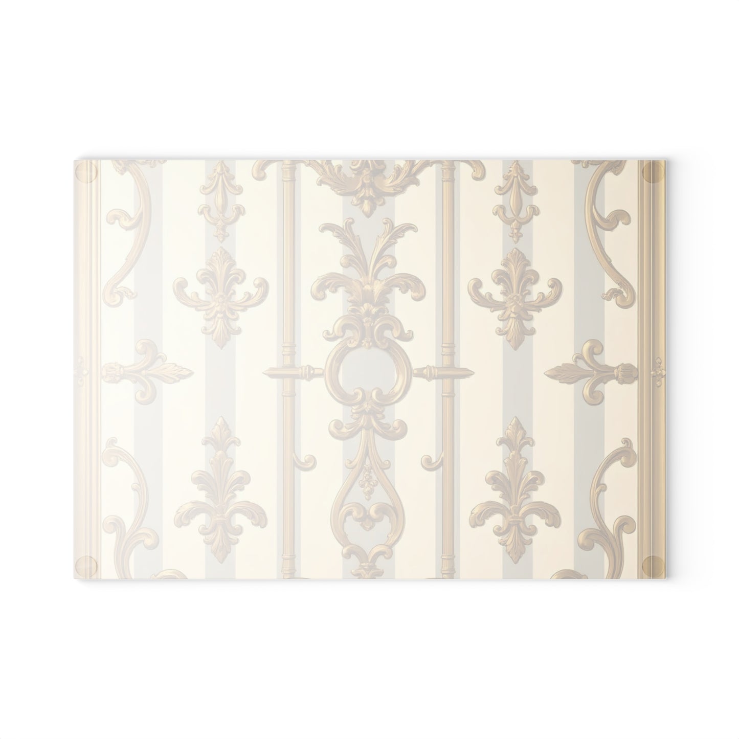 Ornate Glass Cutting Board - Elegant Kitchen Decor, Wedding Gift, Home Cook Gift - Matte Gray & Cream Striped Gold Baroque