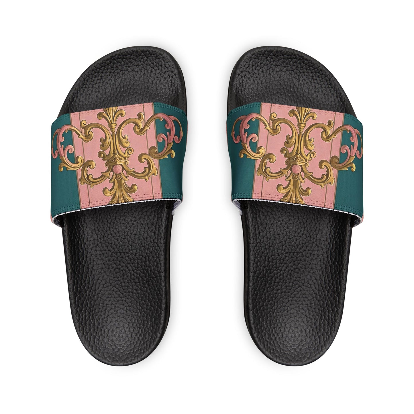 Chic Women's Sandals with Removable Straps, Stylish Summer Footwear, Comfortable Pool Slides - Pink & Teal Striped Gold Baroque