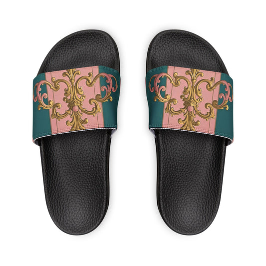 Chic Women's Sandals with Removable Straps, Stylish Summer Footwear, Comfortable Pool Slides - Pink & Teal Striped Gold Baroque