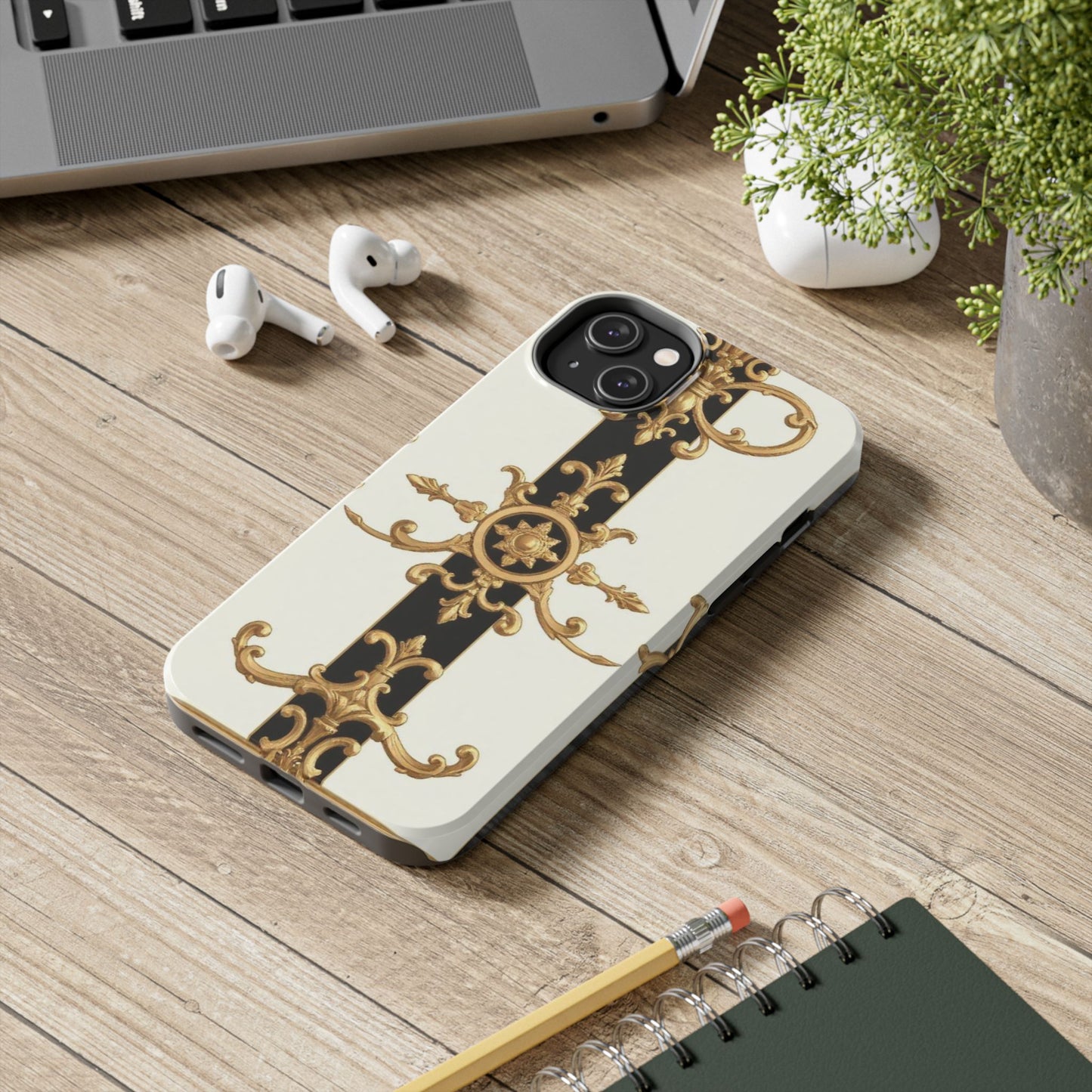 Elegant Baroque Tough Phone Case | Stylish Protection for Your Device, Gift for Her, Phone Accessories - Black & White Striped Gold Baroque