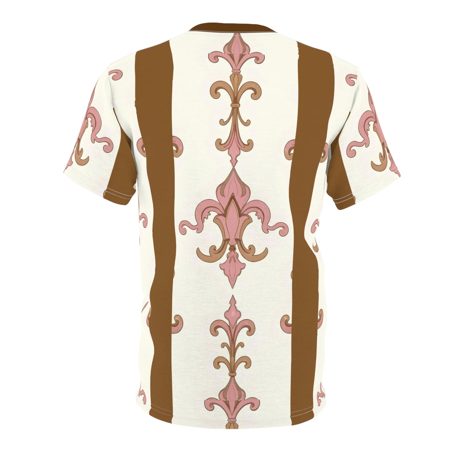Elegant Floral Unisex Tee, Trendy Graphic Tee, AOP T-Shirt for Casual Wear, Gift for Her & Him - Brown Striped Pink Arabesque