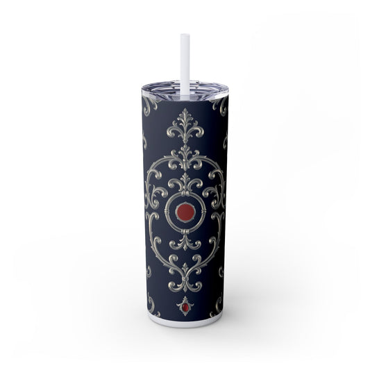Elegant Patterned Skinny Tumbler with Straw, 20oz - Stylish Travel Mug, Personalized Gift, Wedding Favor - Blue & Red Striped Silver Baroque