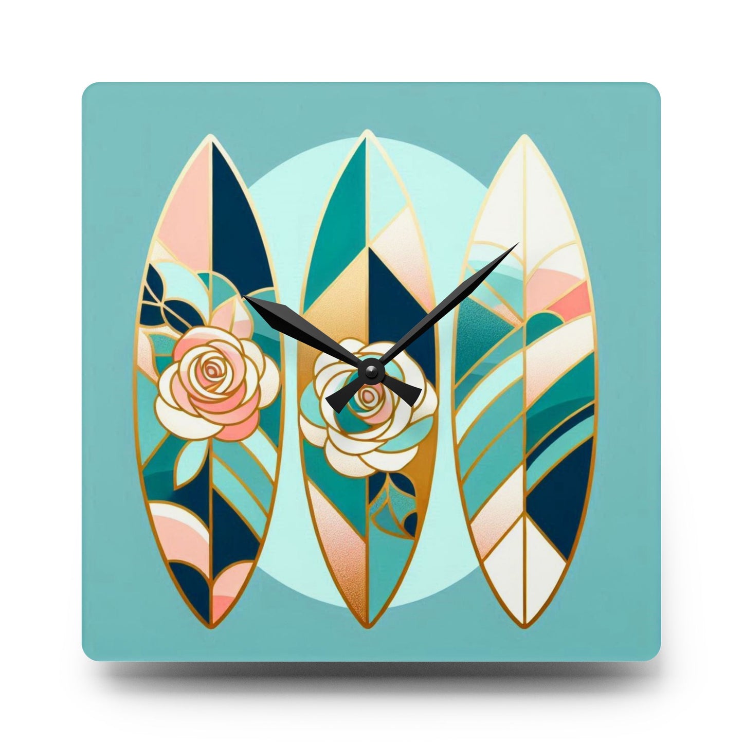 Bohemian Surf-Inspired Acrylic Wall Clock with Floral Design - Blue, Pink & Aqua Surfboard & Roses Design