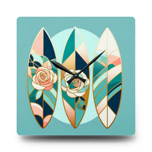 Bohemian Surf-Inspired Acrylic Wall Clock with Floral Design - Blue, Pink & Aqua Surfboard & Roses Design
