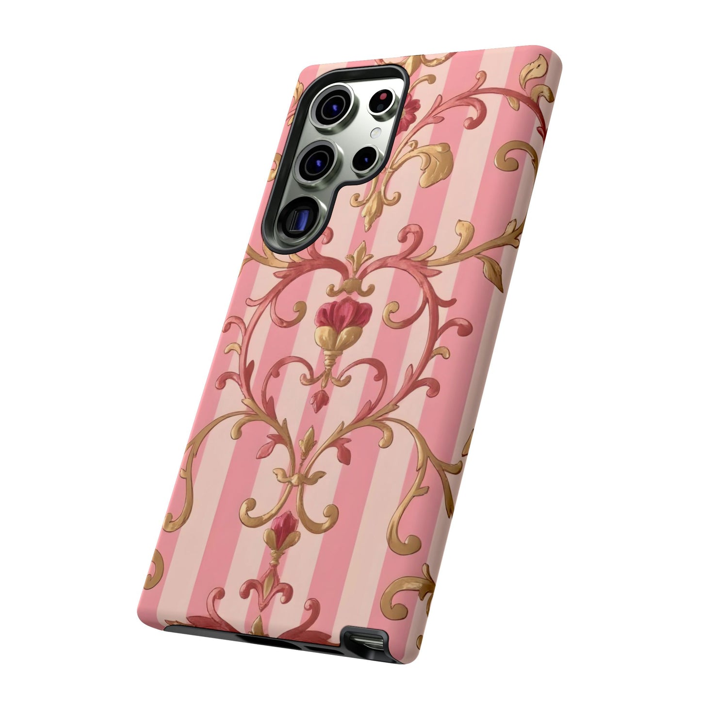 Elegant Floral Motif Phone Case - Tough Cases with Vintage Design - Pink Striped Rose Gold Damask