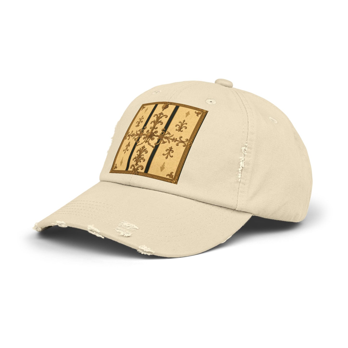 Vintage-Inspired Unisex Distressed Cap with Rustic Floral Design | Perfect for Casual Outings, Gift Ideas - Matte Yellow Striped Antique Rococo