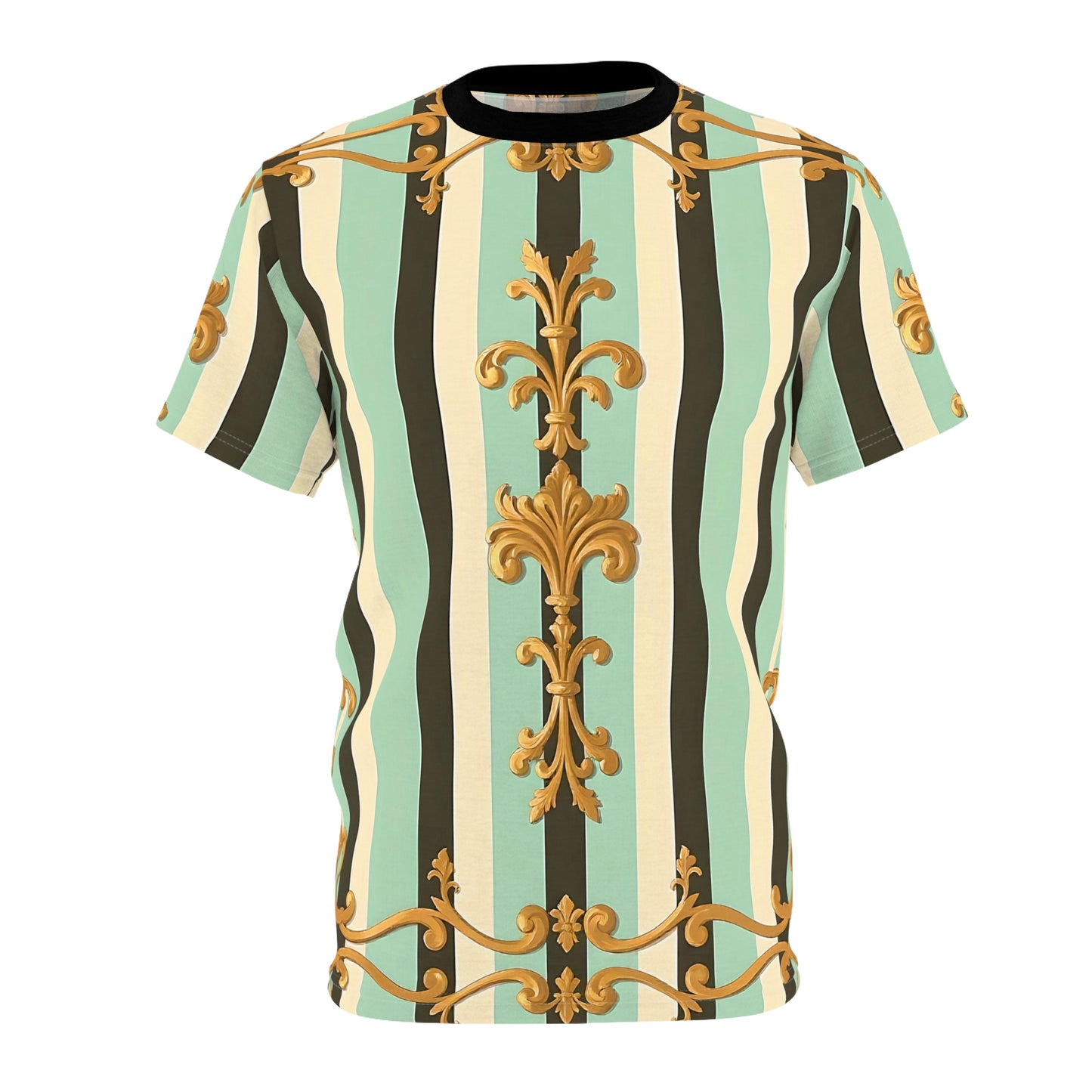 Elegant Striped Unisex Tee, Trendy Casual Wear, Stylish Gift for Friends, Unique Fashion Statement - Black & Matte Mint Striped Rococo