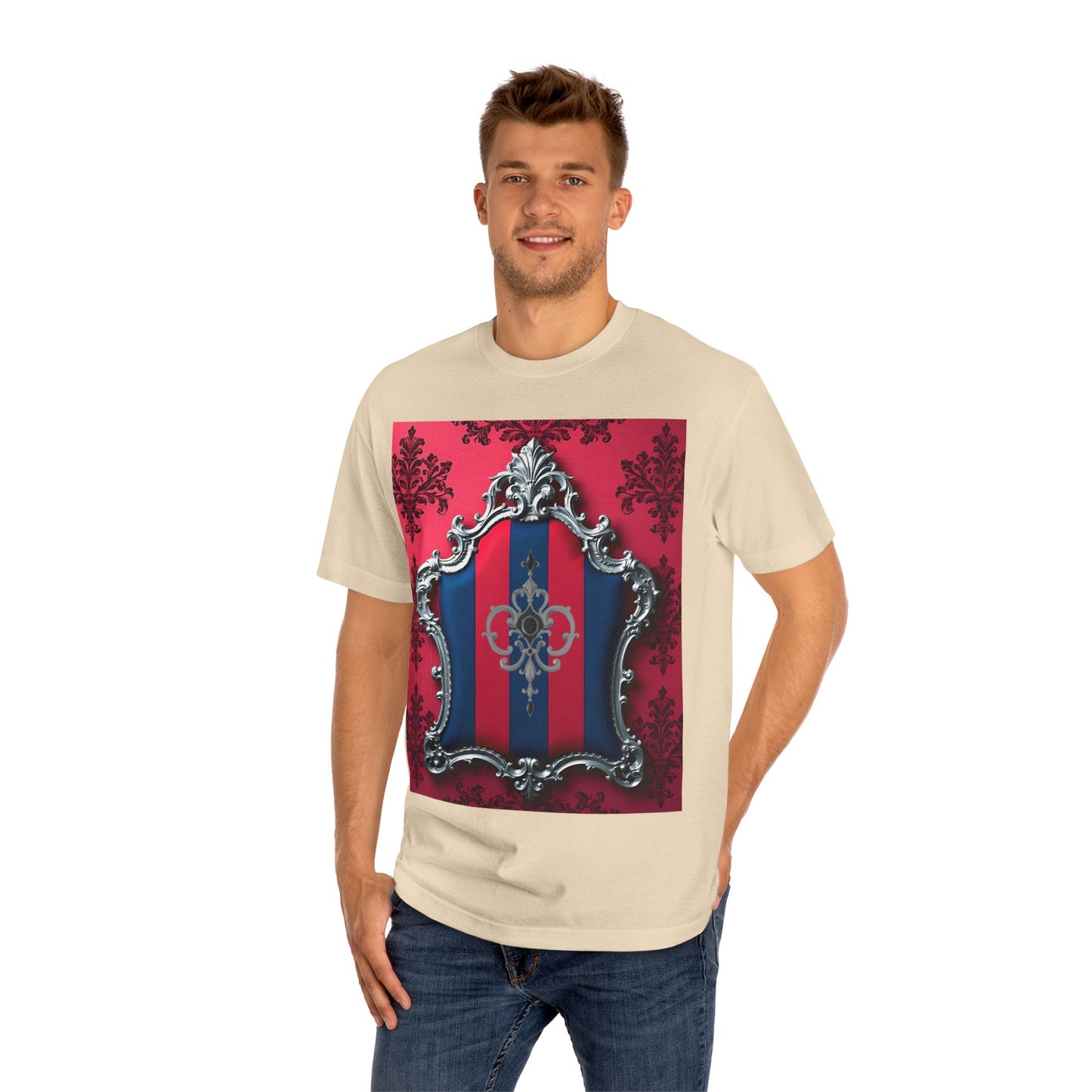 Vintage Couture Shield Unisex Classic Tee, Fashion T-Shirt, Gift for Fashion Lovers, Casual Wear, Unique Graphic Shirt - Blue & Red Striped Silver Crest