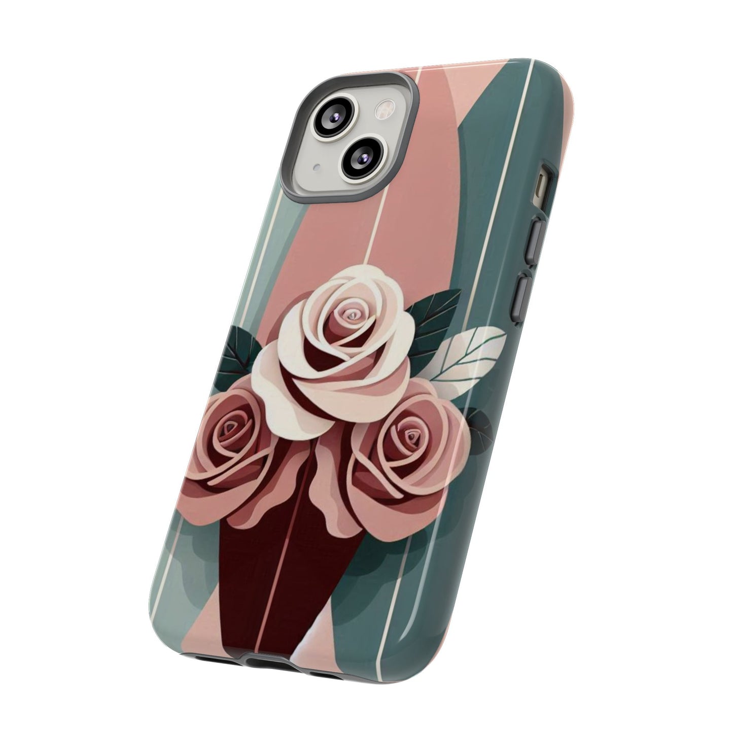 Phone Case - Burgundy, Matte Mauve & Teal Surfboard & Roses Design