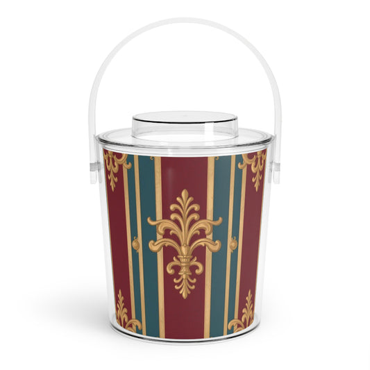 Elegant Vintage Ice Bucket with Tongs, Perfect for Parties, Entertaining, and Home Decor, Ideal Wedding Gift - Burgundy Striped Gold Baroque