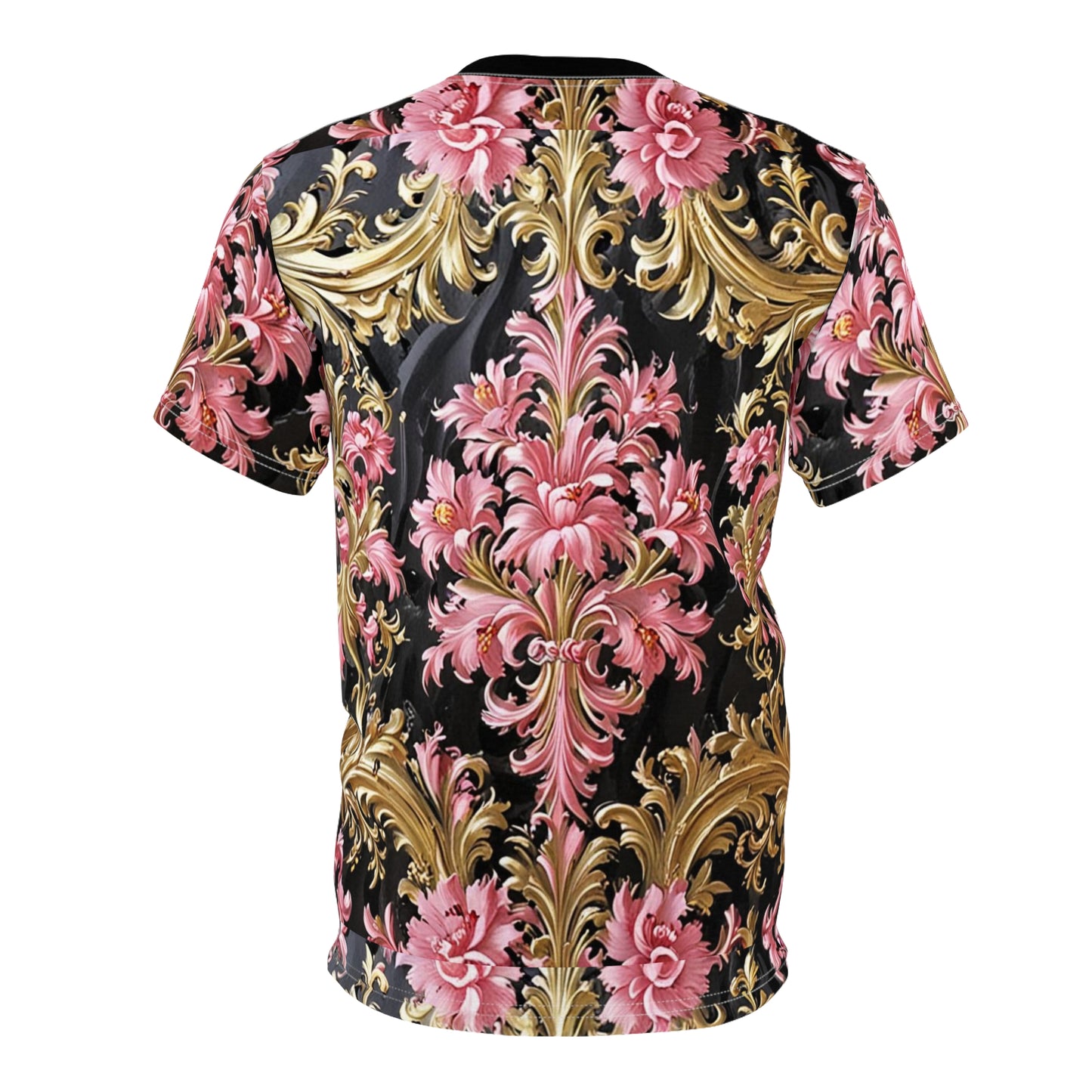 Elegant Floral Unisex Tee, Vintage Style Shirt, AOP Print, Everyday Wear, Unique Gift, Fashion Statement - Black & Pink Oil Painting Style Rococo