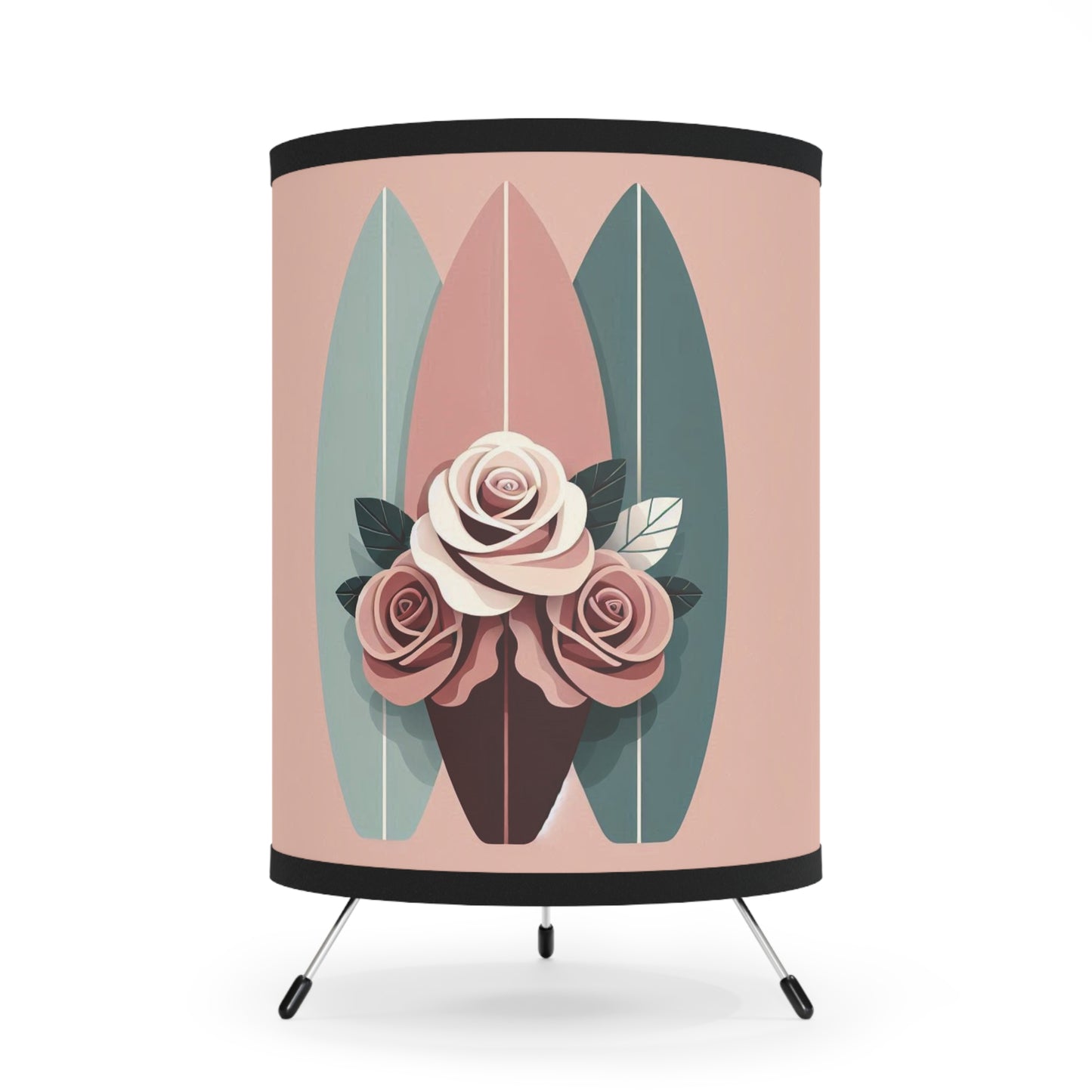Boho Surf Tripod Lamp with Floral Design - High-Res Printed Shade - Burgundy, Matte Mauve & Teal Surfboard & Roses Design