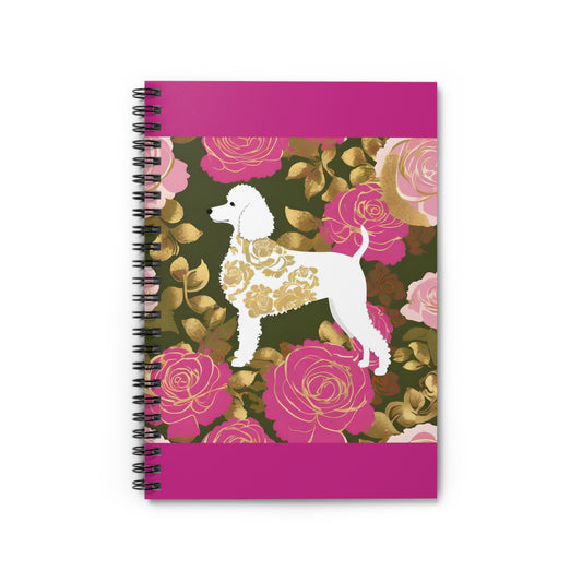 Elegant Vintage Spiral Notebook - Ruled Line with Damask White Poodle In Olive & Pink Roses