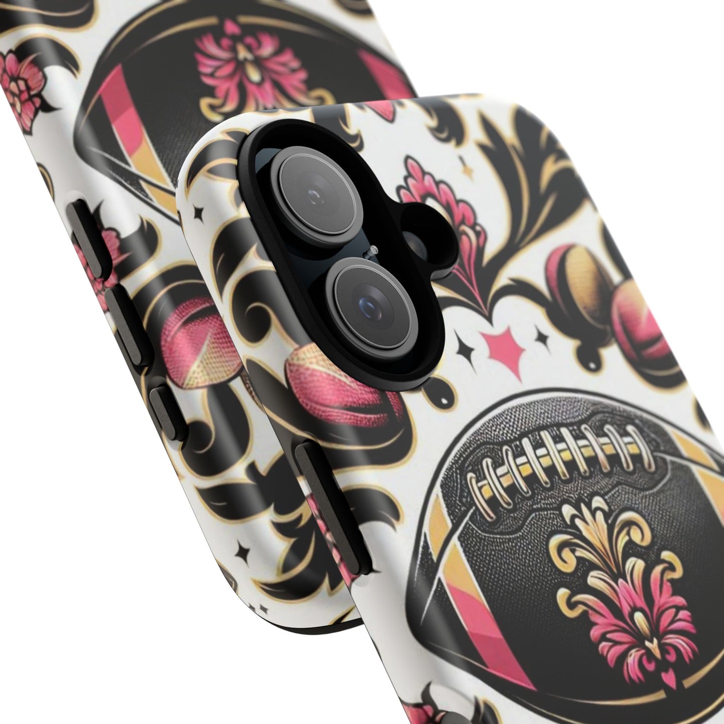 Elegant Floral Motif Phone Case - Tough Cases with Vintage Design - Damask White, Pink Gold & Black Football