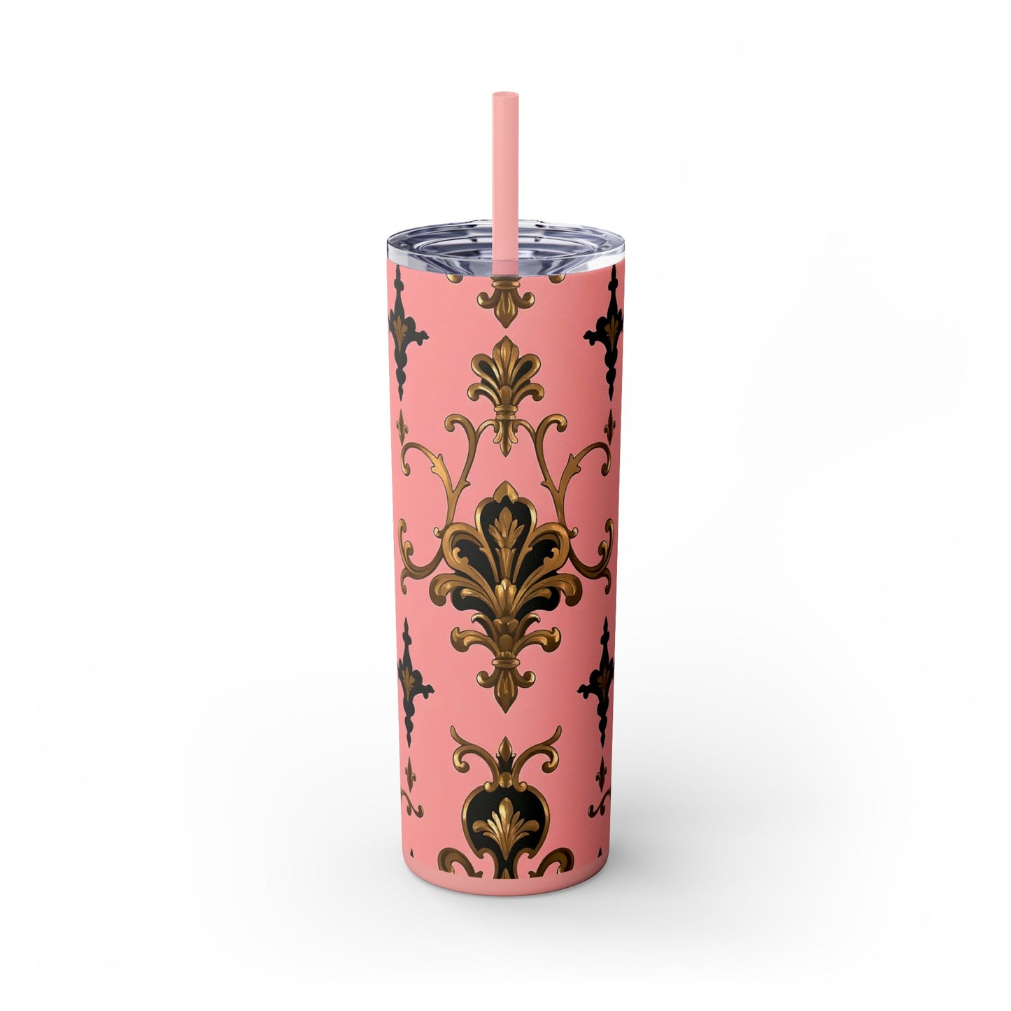 Elegant Pink Damask Skinny Tumbler, 20oz Drinkware, Stylish Reusable Cup, Travel Mug, Gift for Her, Home Decor - Pink, Black & Gold Rococo