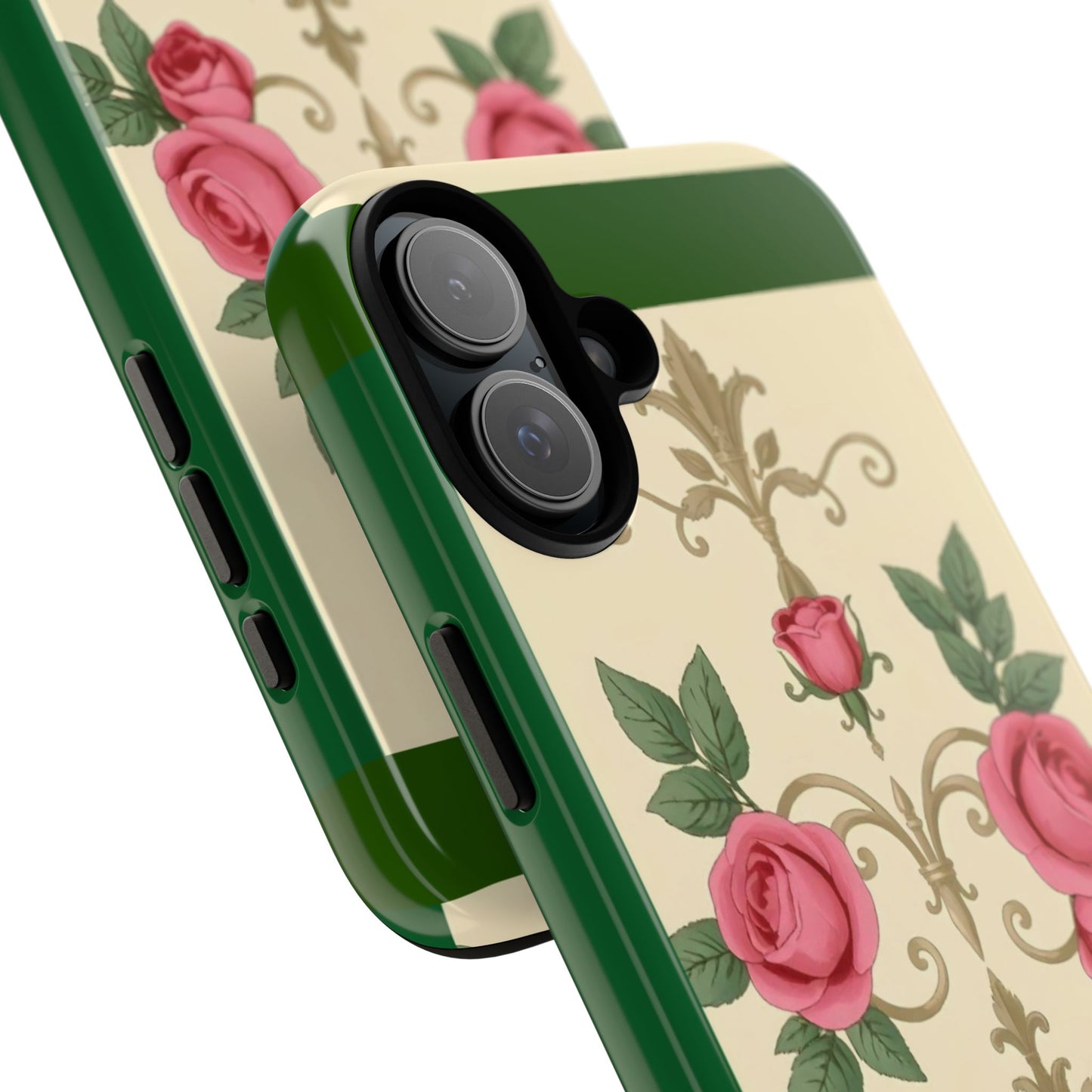 Elegant Floral Motif Phone Case - Tough Cases with Vintage Design - Green Border Roses & Damask