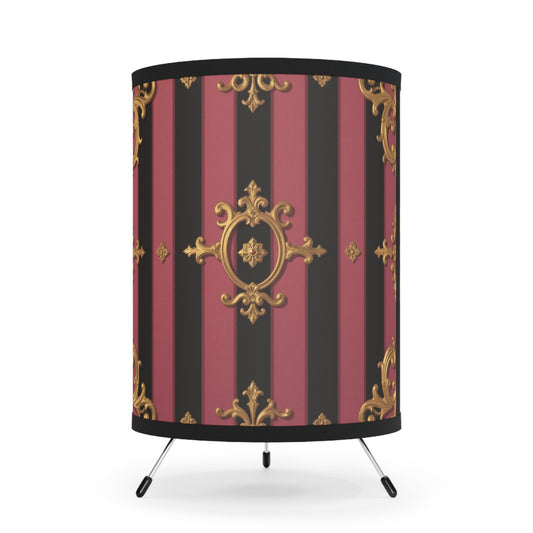 Elegant Black & Mauve Striped Gold Baroque Tripod Lamp with High-Res Printed Shade | Vintage Home Decor, Stylish Lighting, Living Room Accent