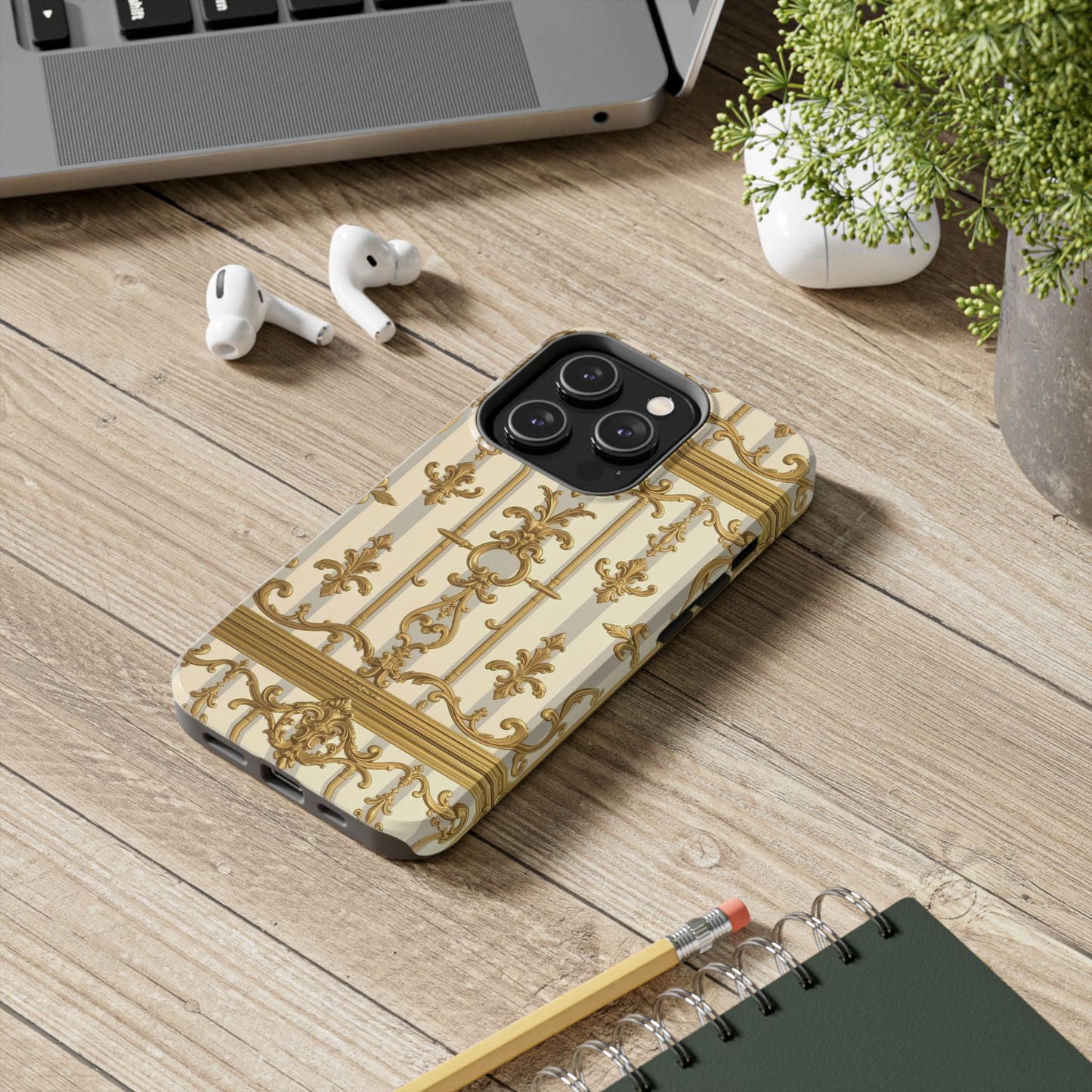Elegant Gold Pattern Tough Phone Cases | Stylish Phone Covers, Trendy Cell Phone Accessories - Matte Gray & Cream Striped Gold Baroque