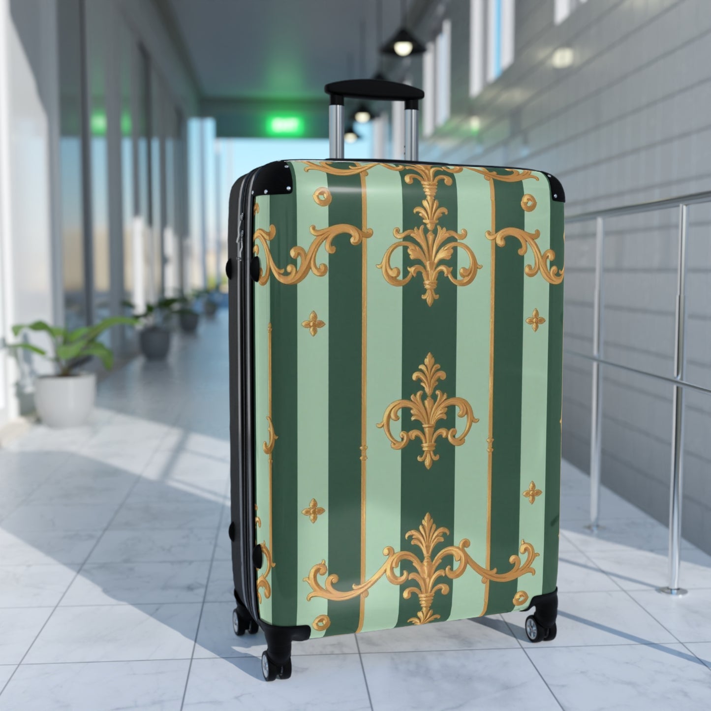 Stylish Travel Suitcase with Elegant Design, Luggage, Vacation Gear, Travel Accessories, Travel Gift - Mint Green & Teal Striped Gold Baroque
