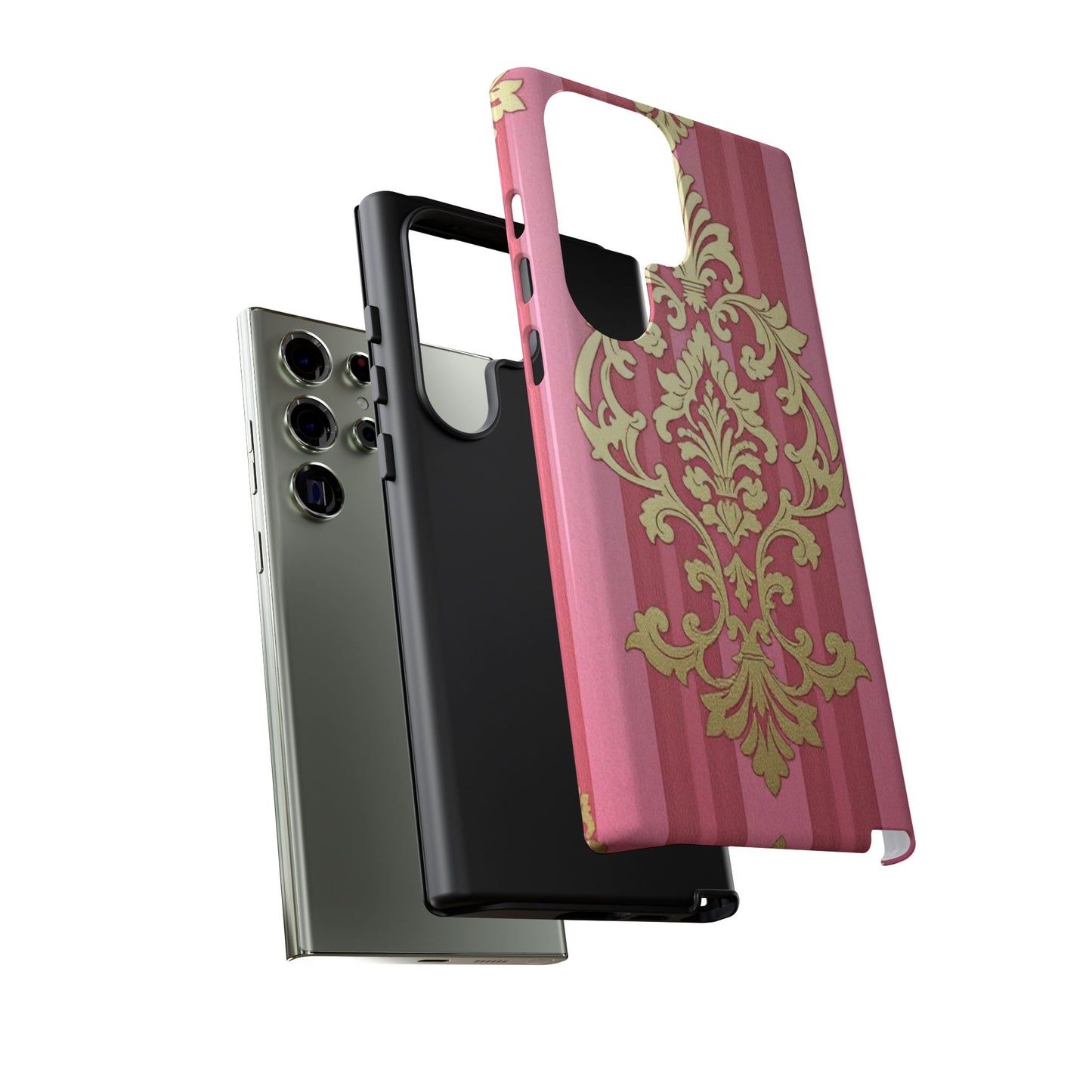 Elegant Floral Motif Phone Case - Tough Cases with Vintage Design - Pink Striped Damask