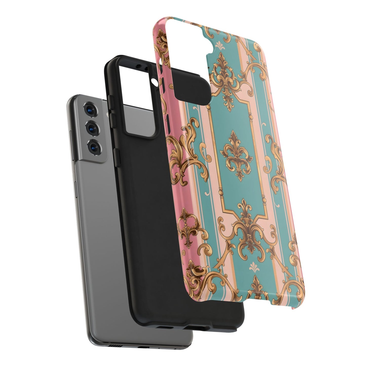 Elegant Floral Tough Phone Case, Artistic Phone Cover, Gift for Her, Chic Phone Accessory - Pink & Matte Turquoise Striped Rococo