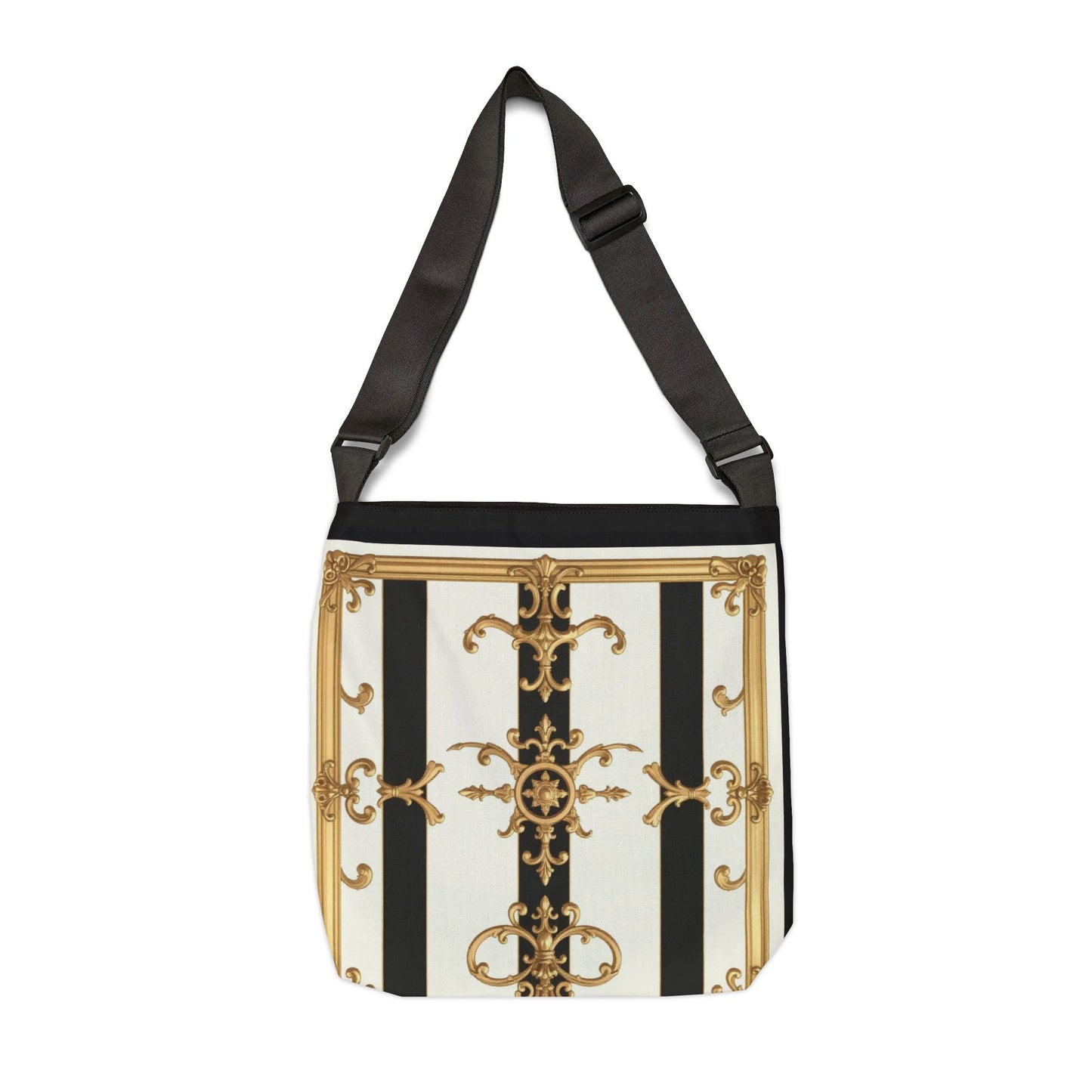 Elegant Vintage-Inspired Adjustable Tote Bag, Fashion Accessories, Daily Use, Gift for Her, Trendy Bag - Black & White Striped Gold Baroque