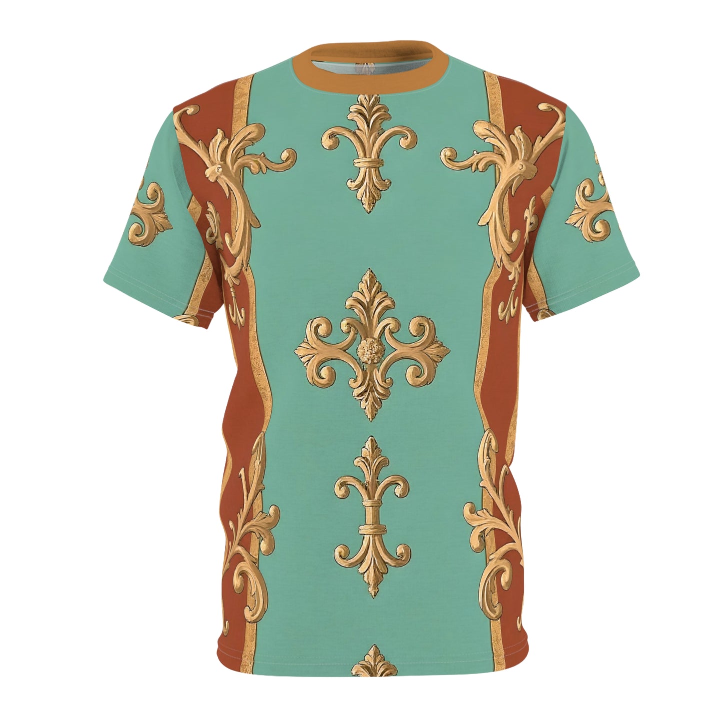 Elegant Baroque Unisex Cut & Sew Tee - Stylish Floral Pattern - Rust & Mint Aqua Striped Baroque