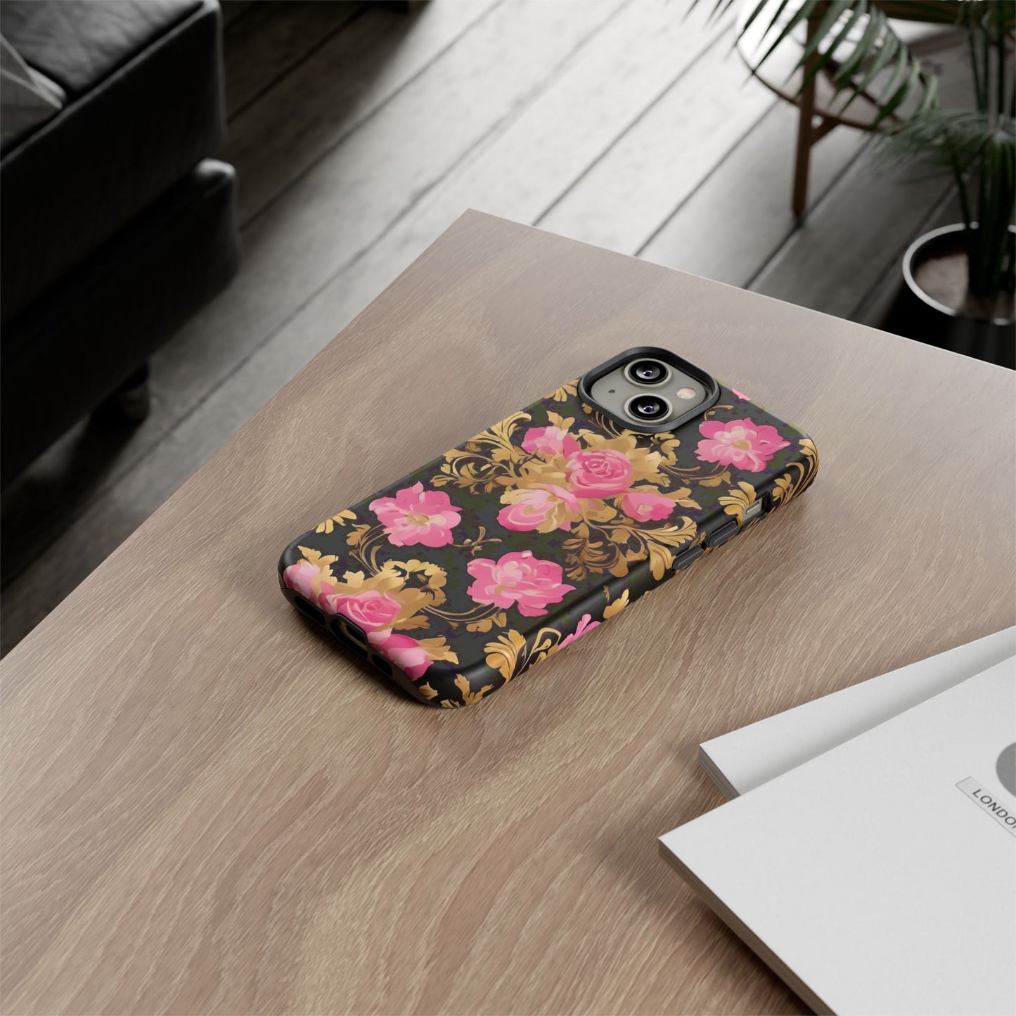 Elegant Floral Motif Phone Case - Tough Cases with Vintage Design - Pink & Gold Roses